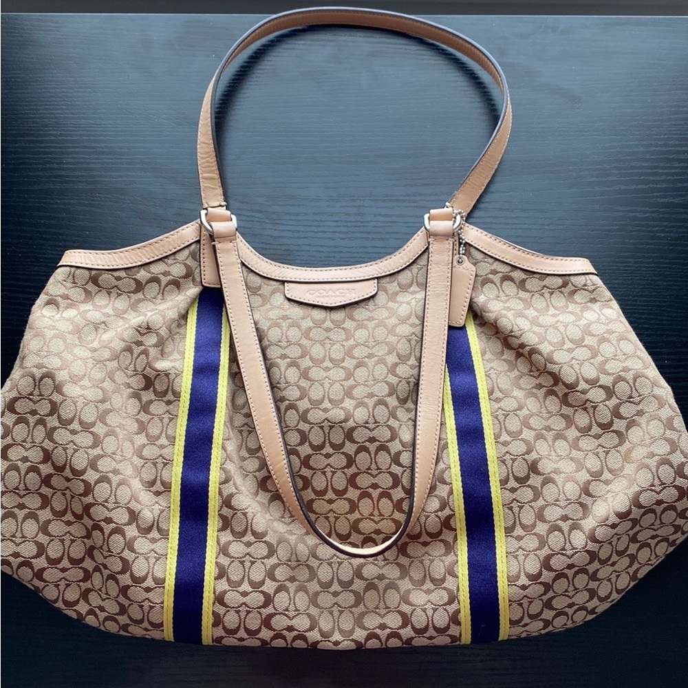 Coach Signature Devin Shoulder Bag - Brown with Blue and Yellow Stripe